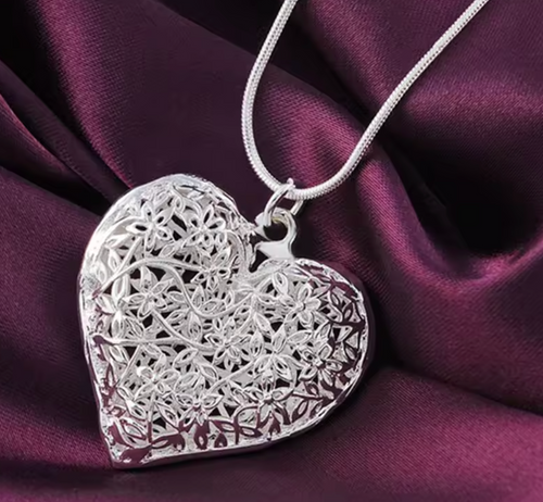 925 Sterling Silver Carved Heart Pendant Necklace