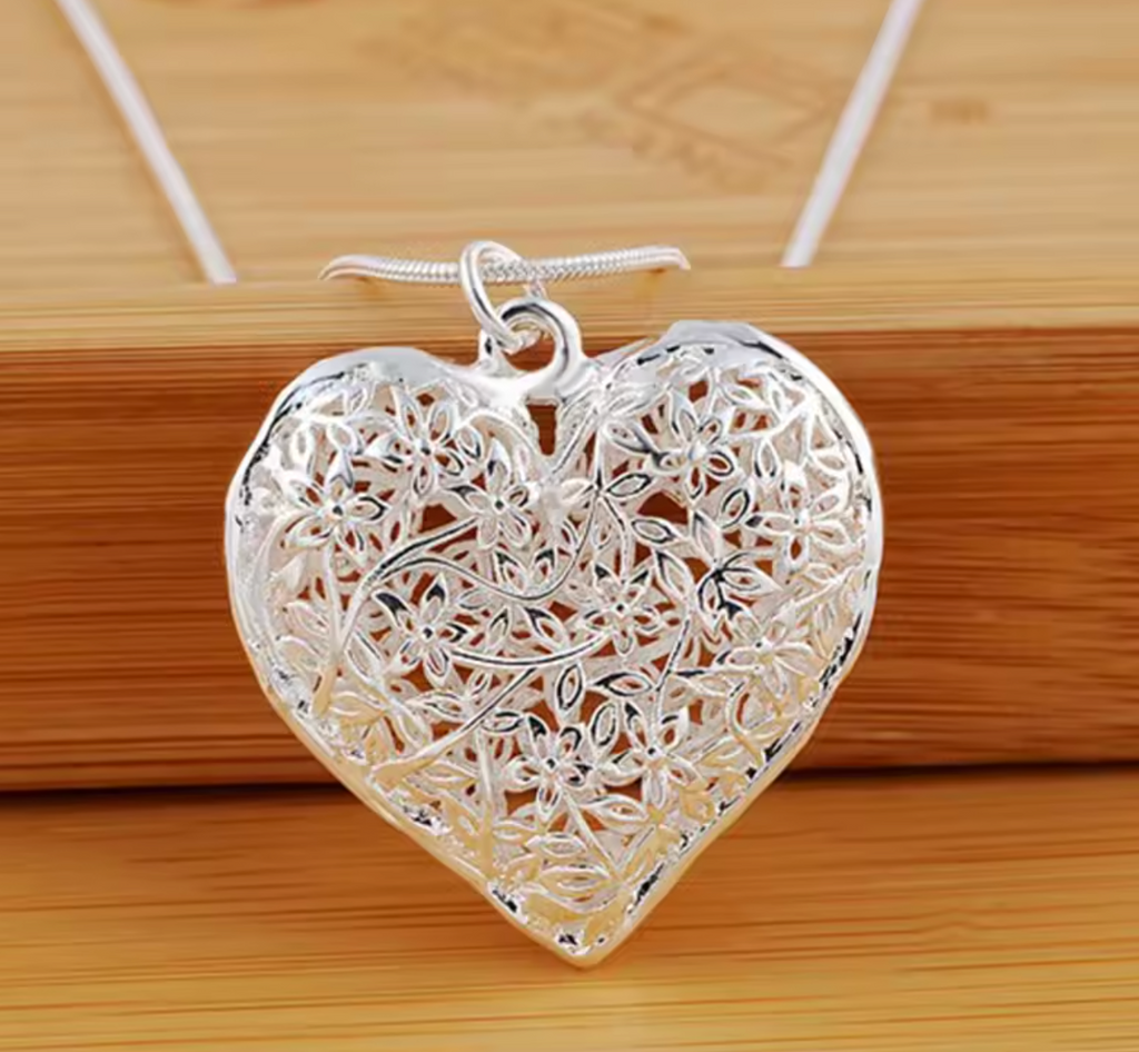 925 Sterling Silver Carved Heart Pendant Necklace