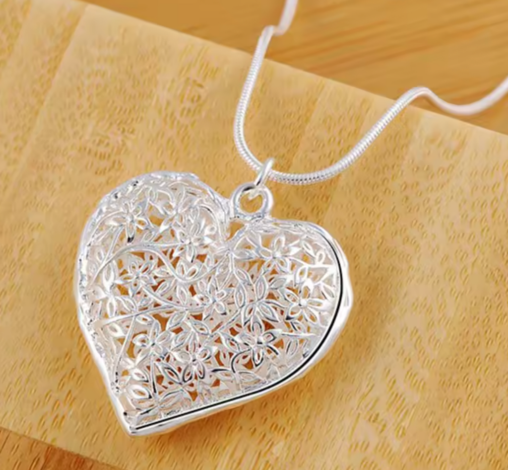 925 Sterling Silver Carved Heart Pendant Necklace