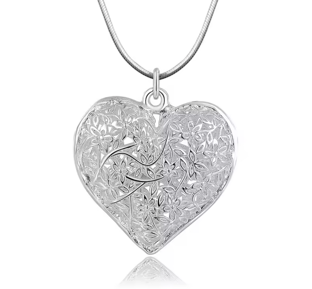 925 Sterling Silver Carved Heart Pendant Necklace