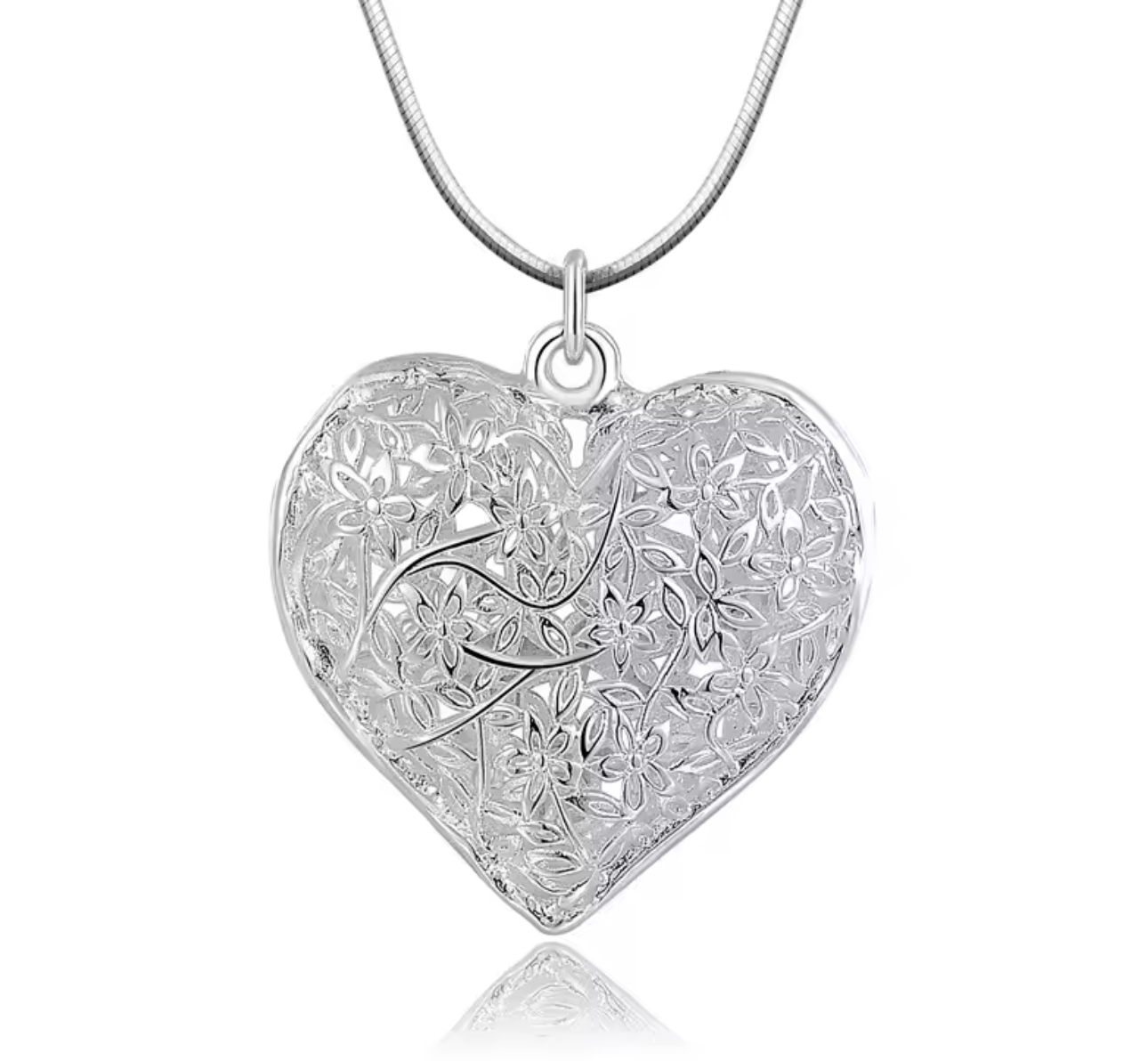 925 Sterling Silver Carved Heart Pendant Necklace