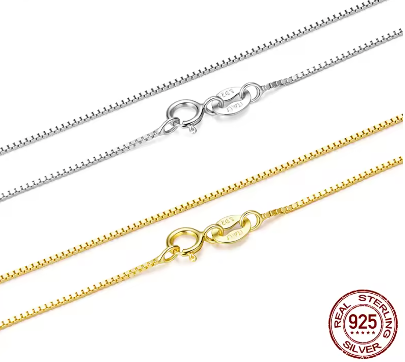 Solid Gold Over 925 Sterling Silver 0.8mm Box Chain Necklace