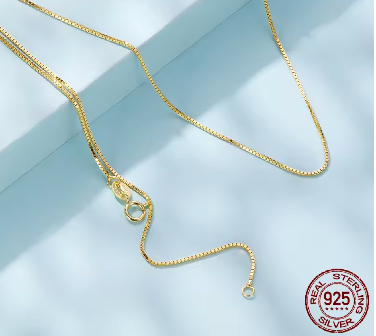 Solid Gold Over 925 Sterling Silver 0.8mm Box Chain Necklace