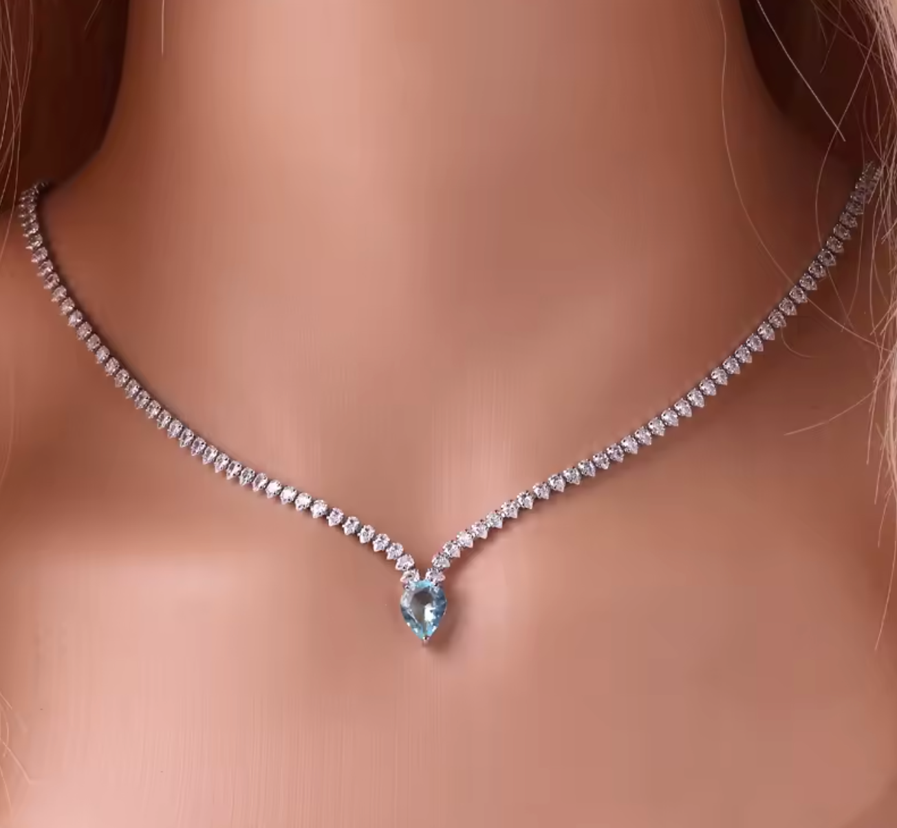 18K Gold Plated Water Drop Light Blue CZ Pendant Necklace