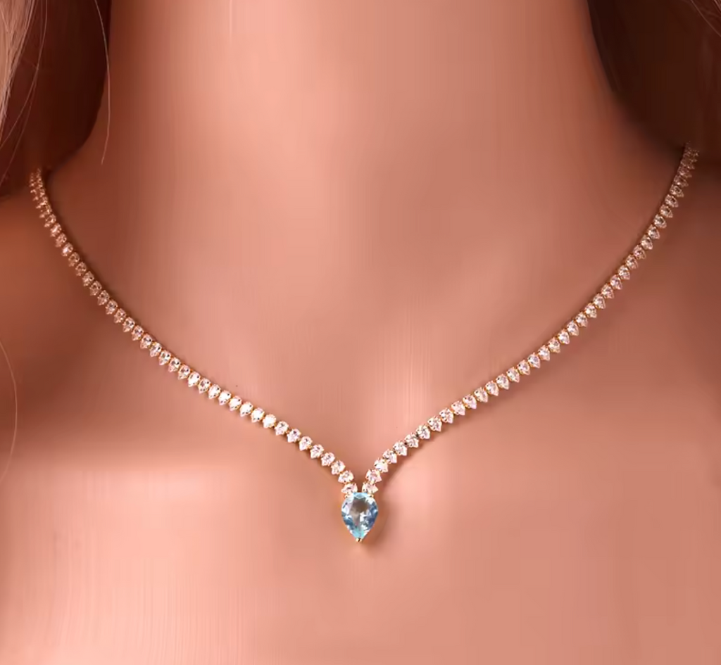 18K Gold Plated Water Drop Light Blue CZ Pendant Necklace