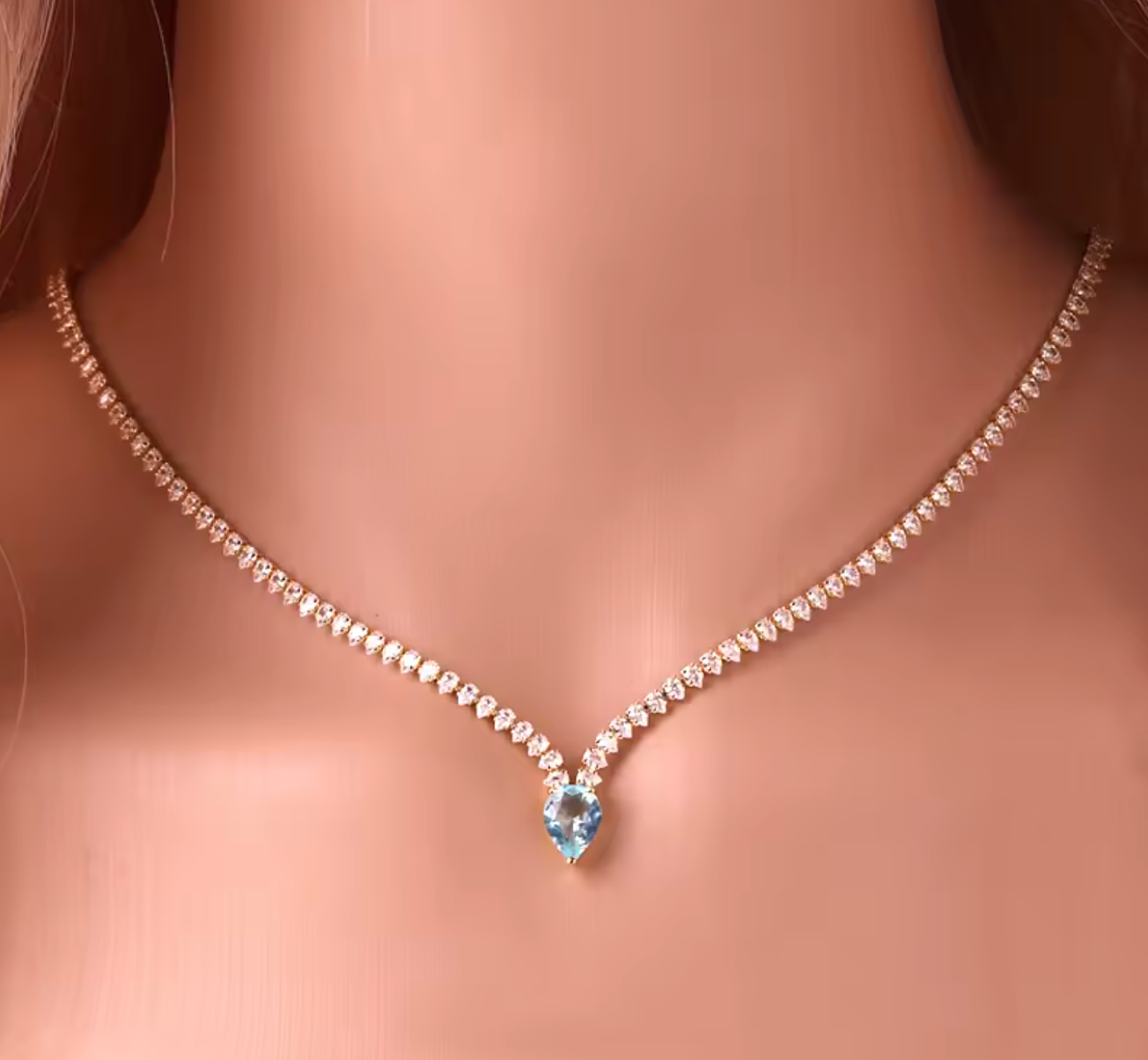 18K Gold Plated Water Drop Light Blue CZ Pendant Necklace