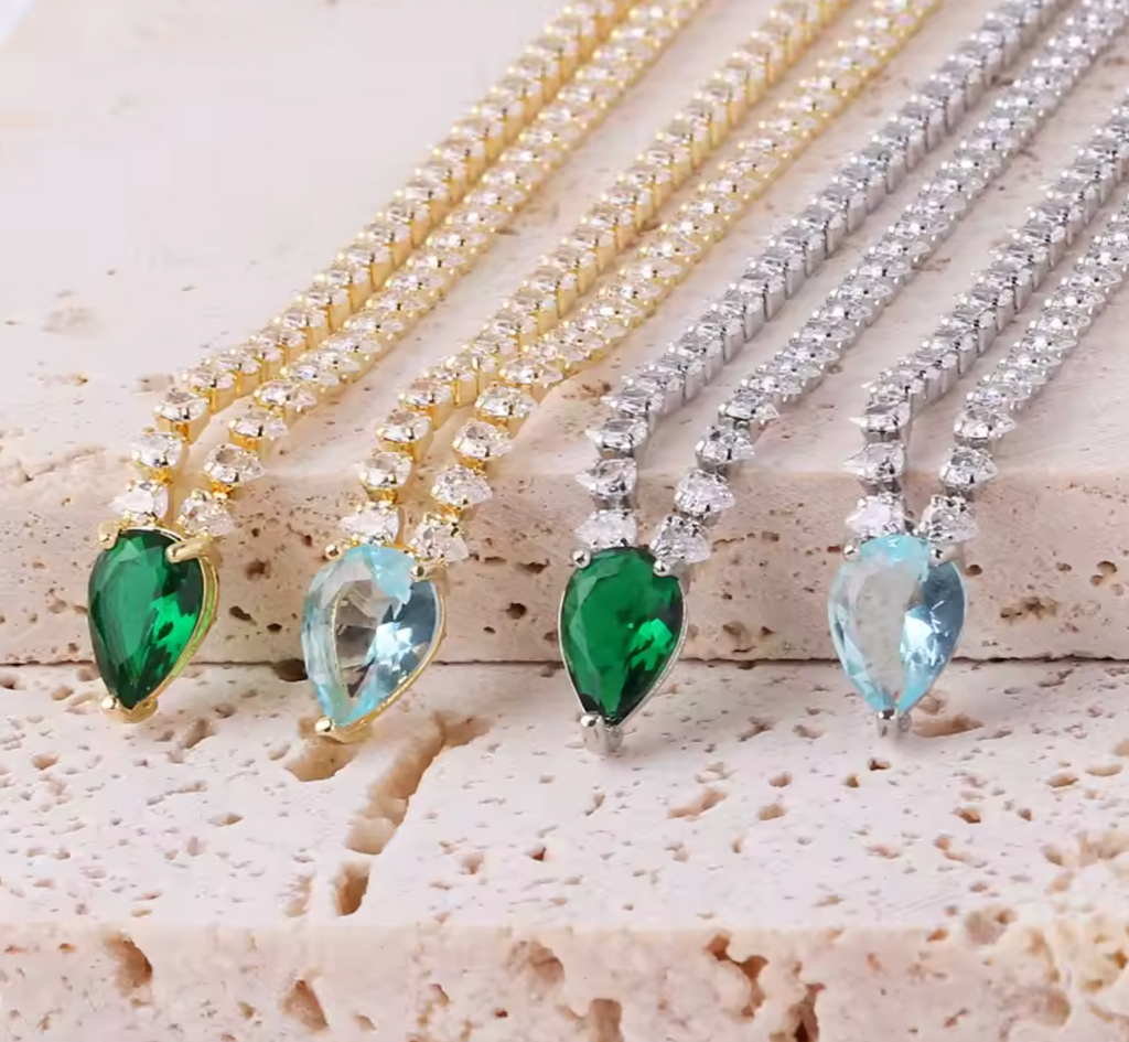 18K Gold Plated Water Drop Light Blue CZ Pendant Necklace