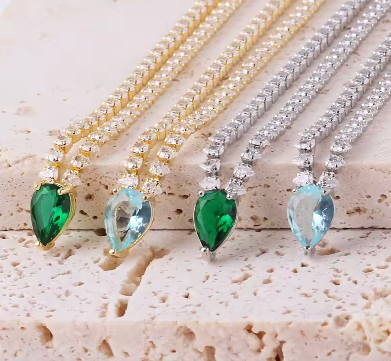 18K Gold Plated Water Drop Light Blue CZ Pendant Necklace