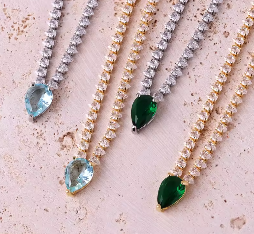 18K Gold Plated Water Drop Light Blue CZ Pendant Necklace