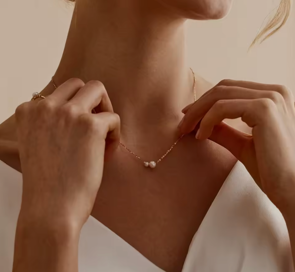 14K Gold Plated Dainty Pearl Drop Necklace for Women